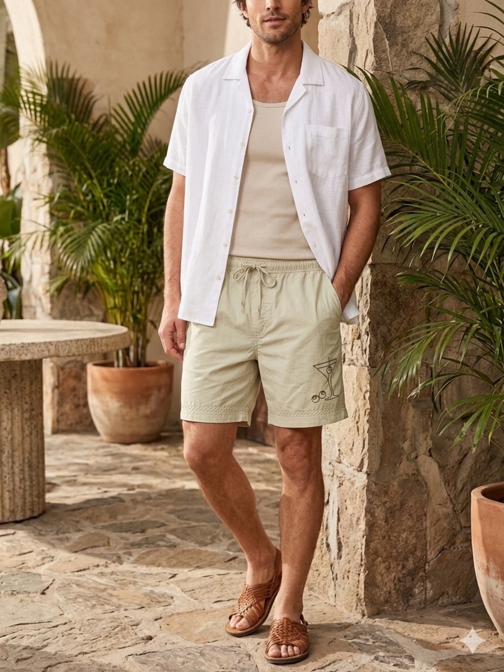 Massive Luxury Light Olive Green Drawstring Shorts With Martini Logo